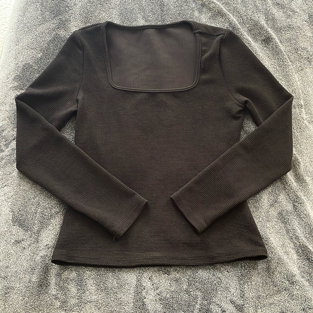 Square Neck Black Long Sleeve Waffle Detailed